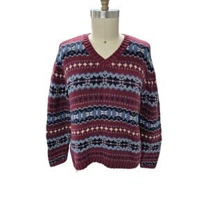 Vtg 80s 90s Eddie Bauer 100% Cotton Sweater Burgundy Stripe /Snowflake V Neck L